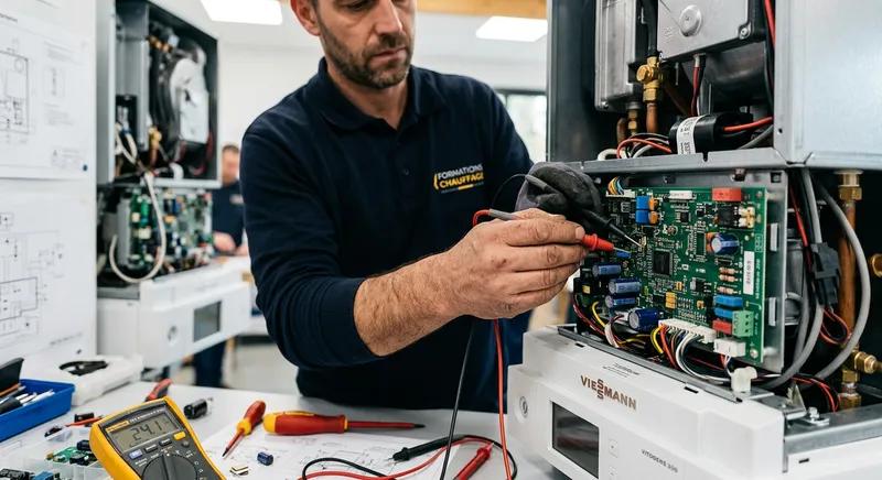 Gros plan sur les mains expertes d'un chauffagiste diagnostiquant un composant électronique d'une chaudière gaz, une compétence clé enseignée lors de nos formations.